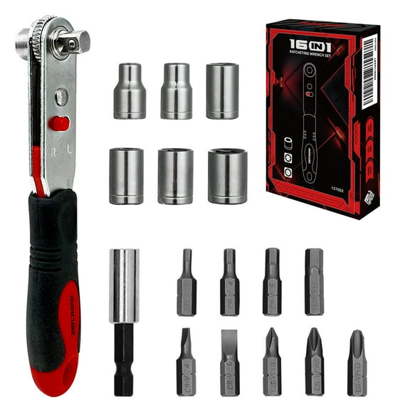 IRONCUBE 16-Piece Angle Ratchet Screwdriver Set,  Magnetic Bit & Socket with 90 degree Mini Offset Low Profile Reversible Drive Handle