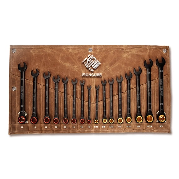 IRONCUBE 16-Piece Metric & SAE Ratcheting Wrench Set - Black Chrome Vanadium - Including Water-Resistant Wax Canva Bag - for Automotive Repair