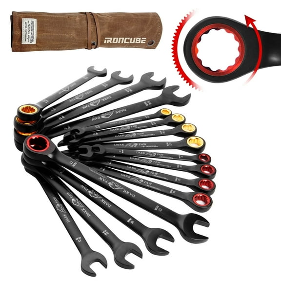 IRONCUBE 16-Piece Metric & SAE Ratcheting Wrench Set - Black Chrome Vanadium - Including Water-Resistant Wax Canva Bag - for Automotive Repair