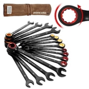 IRONCUBE 16-Piece Metric & SAE Ratcheting Wrench Set - Black Chrome Vanadium - Including Water-Resistant Wax Canva Bag - for Automotive Repair