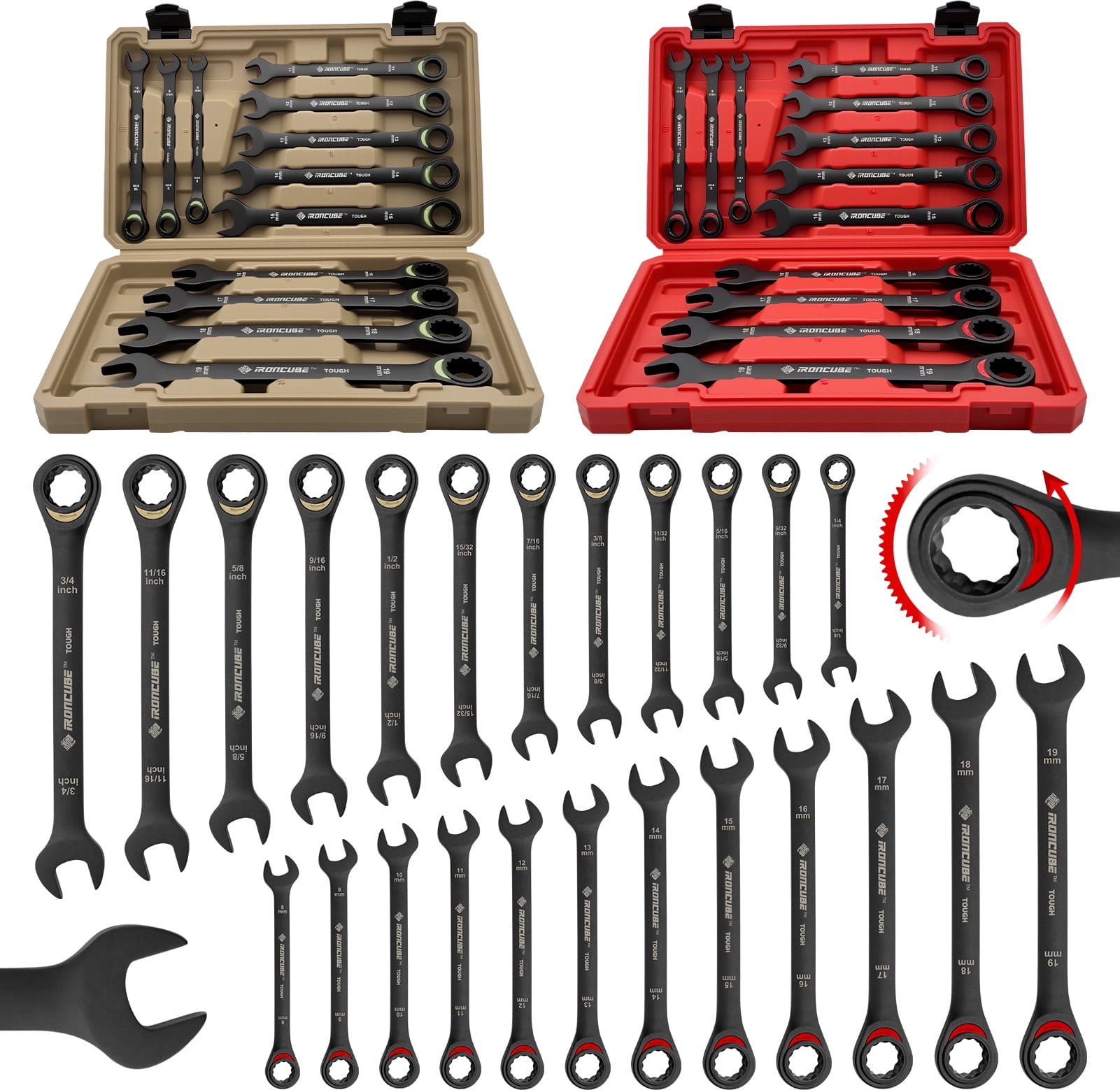IRONCUBE 24-Piece Ratcheting Wrench Set: Metric & SAE - 8mm to 19mm & 1/4" to 3/4" - 72 tooth - Chrome Vanadium Steel - Tough Balck - with Organizer