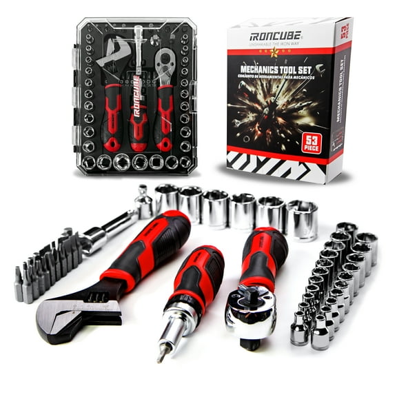 IRONCUBE 53-Piece Compact Socket Tool Set with Ratcheting Screwdriver & Adjustable Wrench for Garage, Auto Repair, Household Backyard & College Dorm