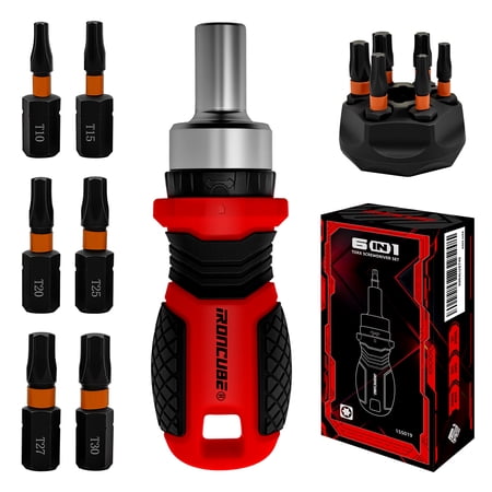 IRONCUBE 6 in 1 Multi Torx Screwdriver Set, Magnetic Bit Drive Set with Interchangeable Ratchet Handle