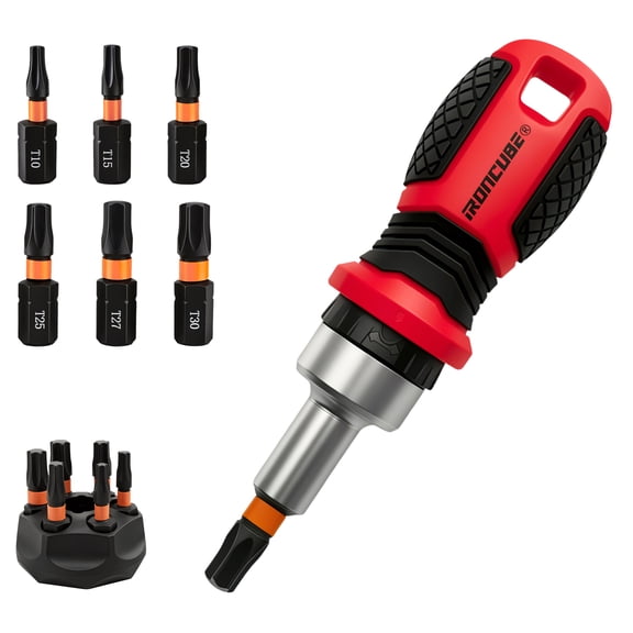 IRONCUBE 6-in-1 Torx Ratcheting Screwdriver Set, T10-T30 S2 Bits with Storage