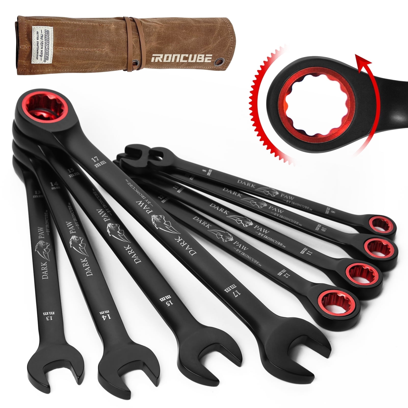 IRONCUBE 8-Piece Metric Ratcheting Wrench Set For Men:  - Black Chrome Vanadium - Including Water-Resistant Wax Canva Bag - for Automotive Repair