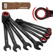 IRONCUBE 8-Piece Metric Ratcheting Wrench Set For Men - Black Chrome Vanadium - Including Water-Resistant Wax Canva Bag - for Automotive Repair