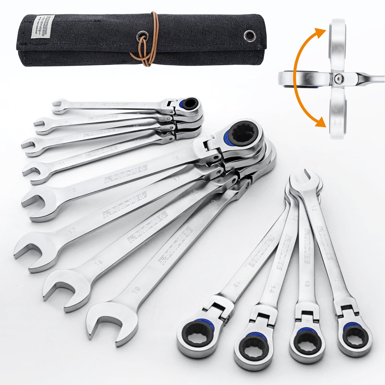 IRONCUBE Flex Head Ratcheting Wrench Set, 12-Piece Reputable Silver, Metric  8-19mm, Black Oxford Fabric Storage Bag for Racing Motorcycle Backup Team's  Maintenance Tools