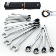 IRONCUBE 12-Piece Ratcheting Wrench Set, Metric 8-19mm, With Black Oxford Fabric Storage Bag for Motorcycle