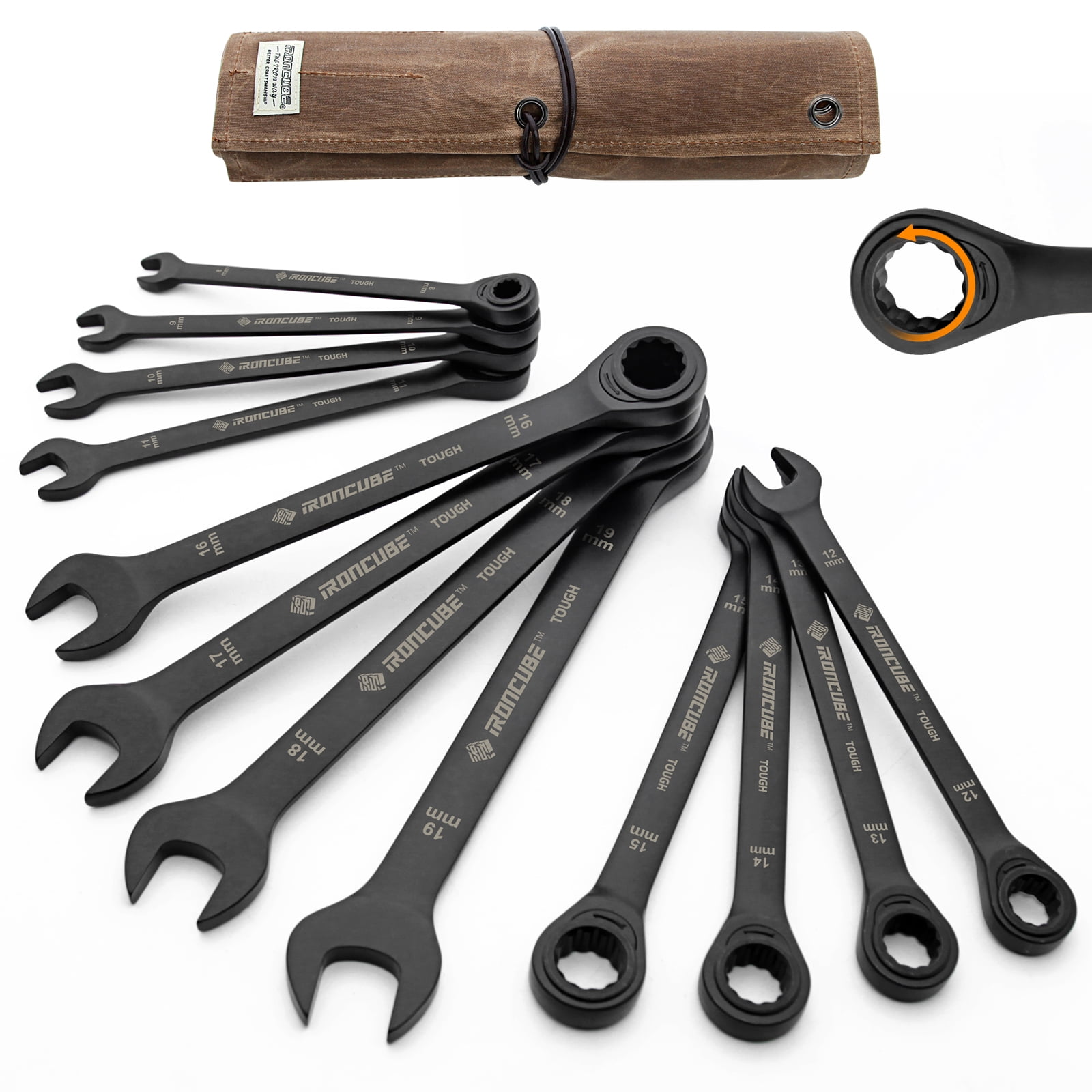 IRONCUBE Ratcheting Wrench Set, 12-Piece Tough Black, Metric 8-19mm, With Wax Canvas Storage Bag for Racing Motorcycle Backup Team's Maintenance Tools