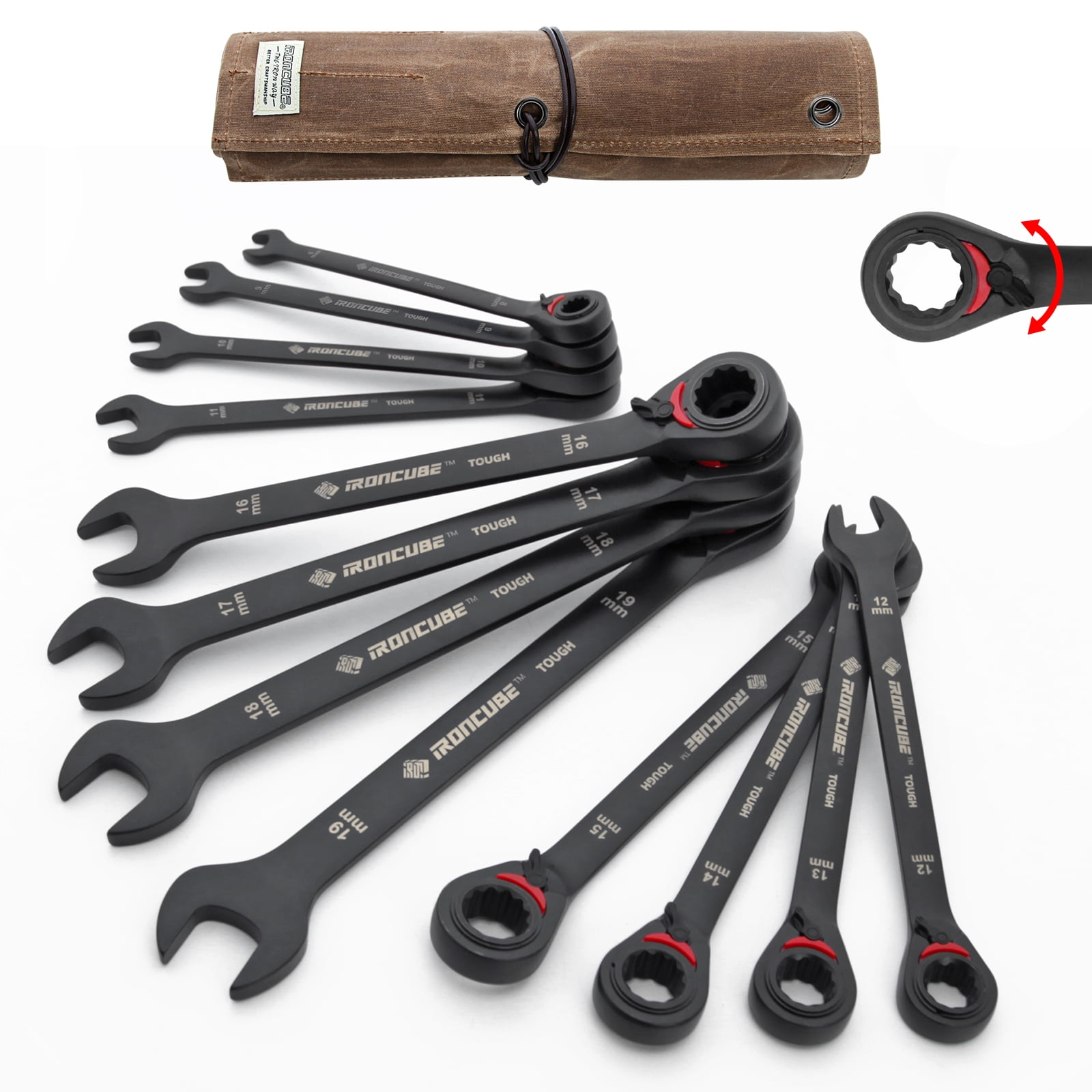 IRONCUBE Reversible ratcheting Wrench Set, 12-Piece, Tough Black,  Metric 8-19mm, With Wax Canvas Storage Bag for Racing Motorcycle Backup Team's Maintenance Tools
