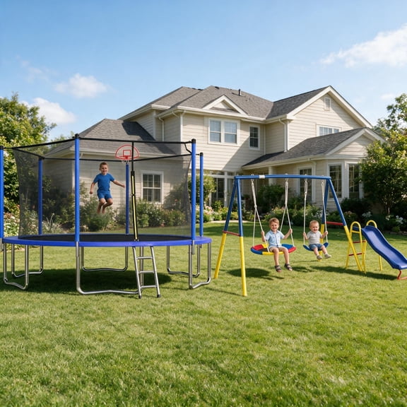 IRONHALL 12FT / 14FT Trampoline with Safety Enclosure Net, Heavy‑Duty Metal 3‑in‑1 Swing Set with Slide, Family Backyard Kids Outdoor Playset