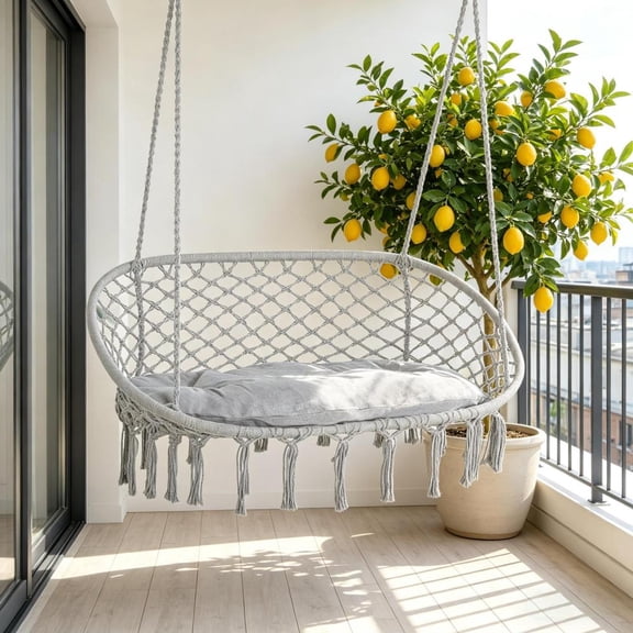 IRONHALL 2-Person Cotton Rope Macrame Hammock Swing Chair, Hanging Swing with Soft Comfort Cushion Included