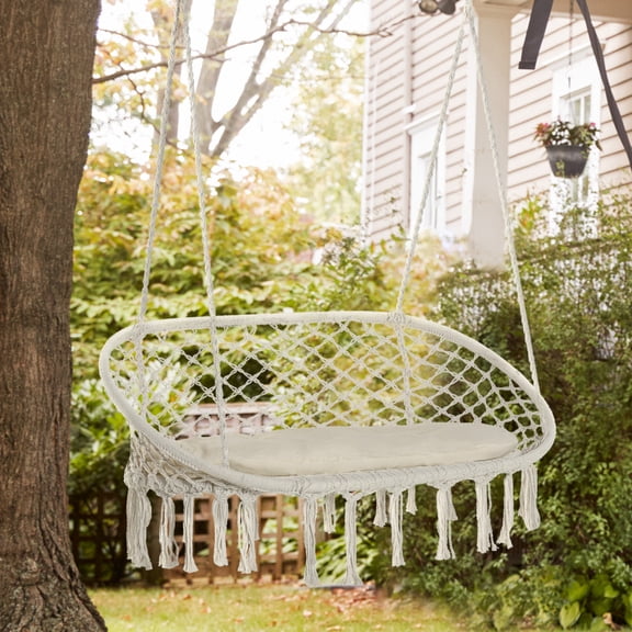 IRONHALL 2 Person Macrame Cotton Rope Hanging Hammock Swing Chair with Soft Cushion, Indoor Outdoor Swing Seat for Patio Backyard Home, White