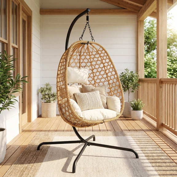 IRONHALL Beige Patio Wicker Egg Swing Hammock Chair with Stand, 350LBS Heavy Duty Hanging Chair for Indoor & Outdoor