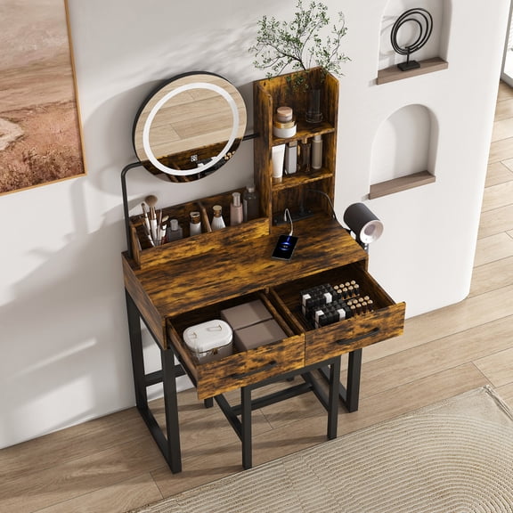 IRONHALL Makeup Vanity Table with LED Lights, 3 Lighting Modes and Power Outlets, 2 Large Drawers, Sturdy Metal Legs & Metal Stool, Dressing Table for Bedroom and Dressing Room, Brown