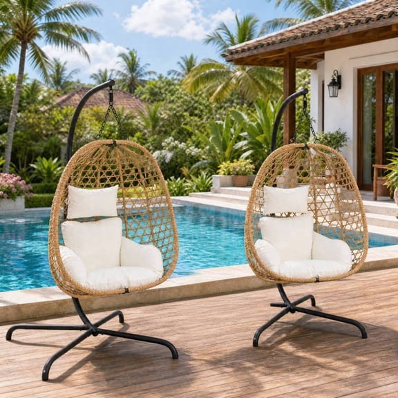 IRONHALL Set of 2 Wicker Hanging Egg Swing Hammock Chairs with Metal Stand, 350 LBS High Load Capacity Hanging Seat for Bedroom Balcony Garden, Beige