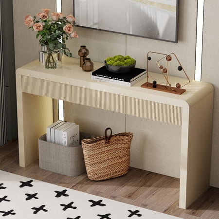 IRONHALL Solid Wood Veneer Rustic Entryway Console Table, Natural Wood Grain Design with 3 Fluted Drawers for Living Room and Hallway ****