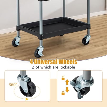 IRONMAX 3 Tier Utility Cart, 3 Shelf Rolling Storage Cart with Lockable Universal Wheels, Plastic Tool Cart Organizer for Garage, Office, Home, Warehouse, Repair Shop