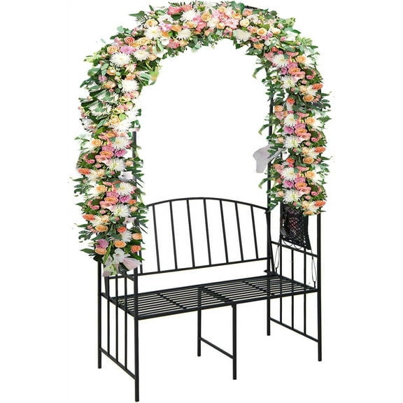 IRONMAX Garden Arch with Bench, Heavy Duty Steel Garden Arbor with Storage Bag, Outdoor Garden Trellis Decoration for Climbing Plants Rose Vines Wedding Bridal Party