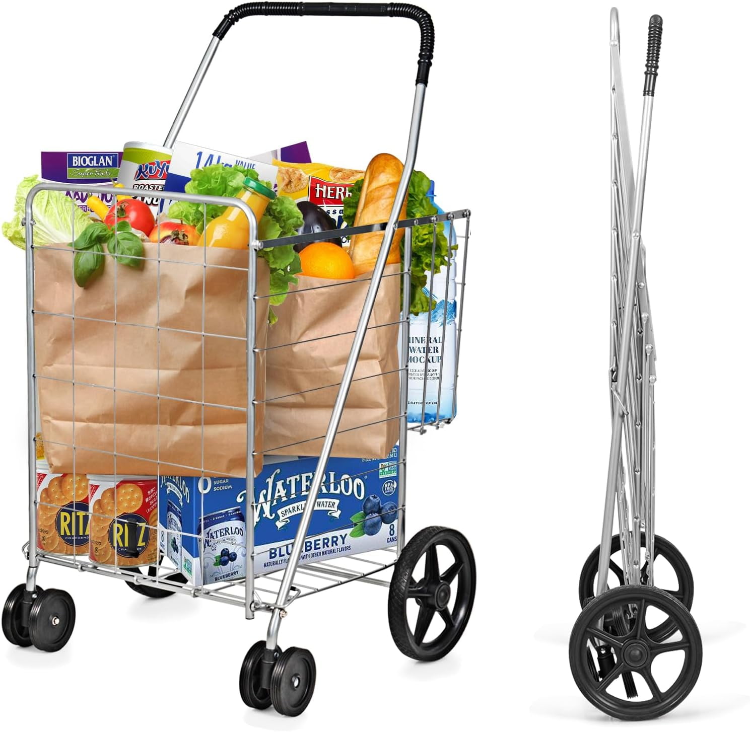 IRONMAX Grocery Shopping Cart, Foldable Heavy Duty Jumbo Utility Cart w ...