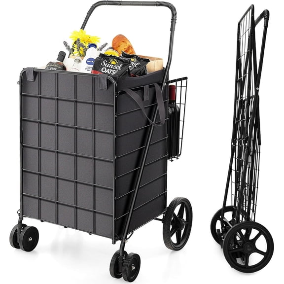 IRONMAX Grocery Shopping Cart, Foldable Heavy Duty Jumbo Utility Cart w/Liner, 360 Rolling Swivel Wheels & Extra Basket, Lightweight Trolley Cart for Grocery Laundry Luggage