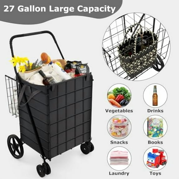 IRONMAX Grocery Shopping Cart, Foldable Heavy Duty Jumbo Utility Cart w/Liner, 360 Rolling Swivel Wheels & Extra Basket, Lightweight Trolley Cart for Grocery Laundry Luggage