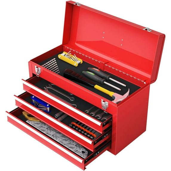 IRONMAX Portable Tool Box, 20.5’’ Lockable Steel Tool Chest Cabinet w/Comfortable Handle & 3 Drawers, Heavy Duty Storage Toolbox Tool Organizer for Garage, Warehouse, Home, Red