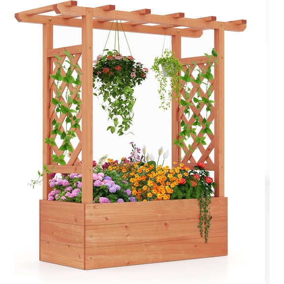 IRONMAX Raised Garden Bed with Trellis and Hanging Roof, Fir Wood Planter Box for Vegetables, Flowers, and Climbing , Outdoor Garden Planter with Drainage Holes for Patio, Backyard, Balcony