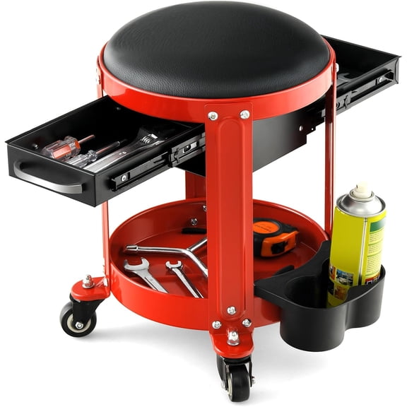 IRONMAX Rolling Mechanic Stool with 2 Storage Drawers, 330Lbs Capacity Automotive Creepers Chair w/Wheels, Tools Tray, Can-Holder & Removable Padded Seat, Round Garage Shop Roller Seat for Workshop