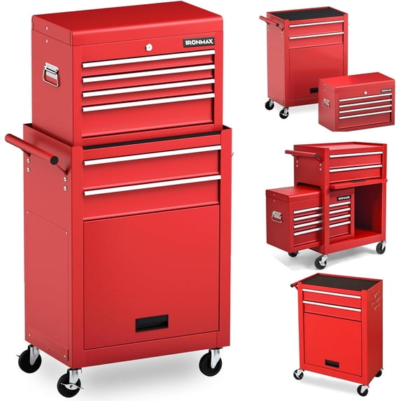 IRONMAX Rolling Tool Chest, 6-Drawer Lockable Tool Cabinet w/ 4 Universal Wheels, 2 in 1 Detachable Tool Box Storage Organizer for Garage Workshop Repair Shop (6-Drawer, Red)