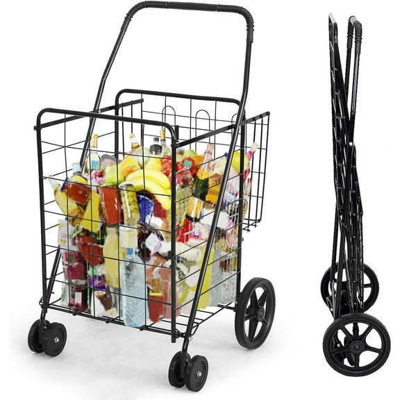 IRONMAX Shopping Cart with Wheels, Foldable Utility Metal Carts with 360° Rolling Swivel Wheels and Extra Storage Basket, Folding Wheeled Grocery Basket for Laundry Pantry Garage Groceries (Black)