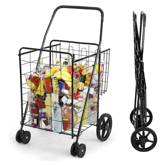IRONMAX Shopping Cart with Wheels Foldable Utility Cart - 360° Swivel, Extra Basket - Grocery Laundry Pantry Garage - Black