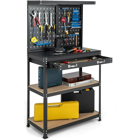 IRONMAX Workbench with Drawers, 32’’ Heavy Duty Workstation Organizer with 14 PCS Hanging Kits, 2 Storage Shelves & Long Drawer, Work Table for Garage, Home, Workshop, Auto Shop, Basement