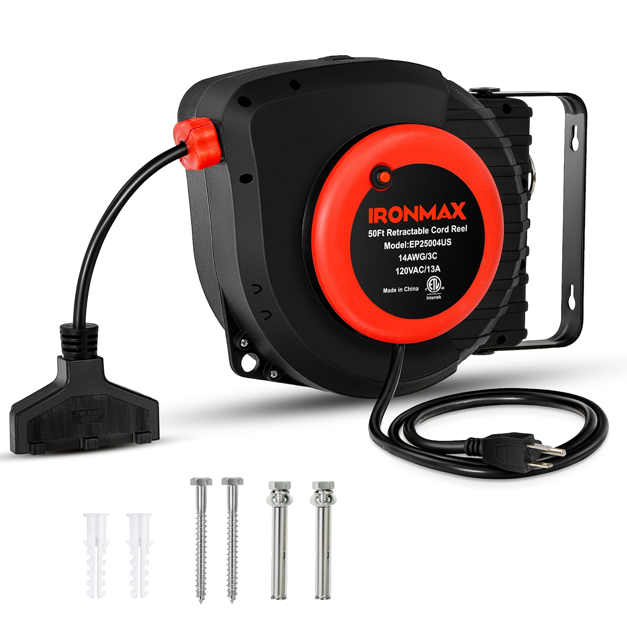 IRONMAx 50ft Retractable Extension Cord Reel Ceiling or Wall Mount