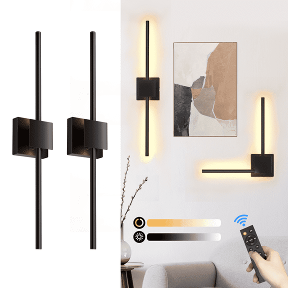 AlpsWolf 2 pack 28.3in Battery Operated Wall Sconces, 270 Rotation Rechargeable Wireless Wall Lights with Remote Control, 3 Color Temperatures Dimmable, No Wiring Wall Lamp for Bedroom Living Room