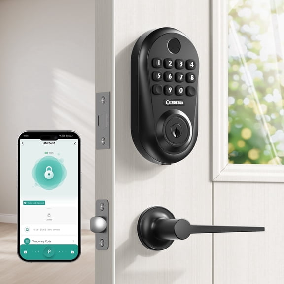 IRONZON Smart Lock Handle Set with Keyless Entry Deadbolt, Fingerprint Biometric Door Lock, Electronic Keypad, App Control, Auto-Lock, Fits Front Exterior Doors, Matte Black