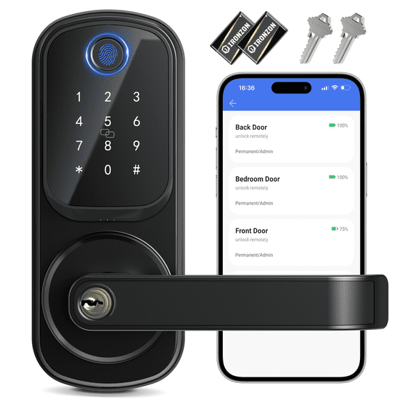 IRONZON Smart Door Lock with Handle, Keyless Entry Fingerprint Deadbolt with Keypad, App Control Front Door Lock