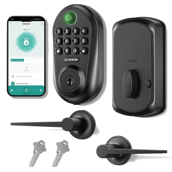 IRONZON Smart Deadbolt Set with Keyless Entry Lock&Handle, Fingerprint Biometric Door Lock, Electronic Keypad, App Control, Auto-Lock