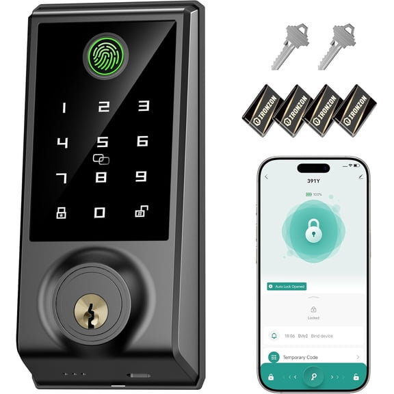 IRONZON Smart Door Lock, 5-in-1 Keyless Entry Door Lock with Fingerprint, Biometric Deadbolt with Keypad, IC Cards, Smart Life APP Control, Auto Lock for Home, Hotel, Apartment, Easy Installation