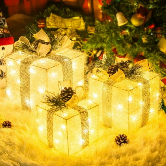 IROOZIGOTO 3PCS Christmas Lighted Gift Boxes Christmas Decorations, Pre-lit Tinsel Present Box with Bowknot, Light Up Xmas Tree Skirt Ornament, Stackable Christmas Nesting Boxes for Home Party