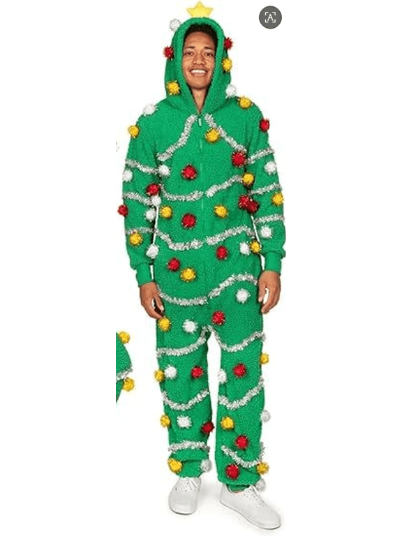 Adult Christmas Tree Onesie Pajama Hooded Full Body Green Zip Up Long Sleeve Pom Poms Tinsel Star Topper Holiday Party Costume
