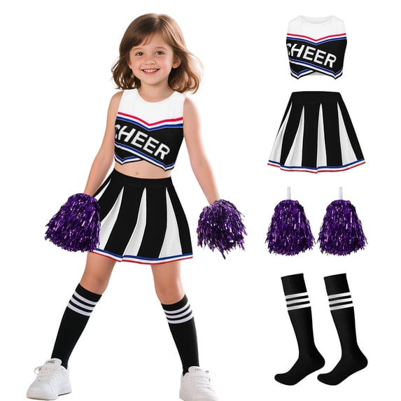 IROOZIGOTO Girls Cheerleader Costume Set Blue White Sleeveless Cropped Top Pleated Skirt with Pom Poms Socks for Halloween Cosplay Themed Party