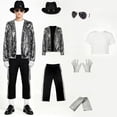 thumbnail image 1 of IROOZIGOTO Mens 70s 80s Disco Costume Set Sequin Jacket Side Stripe Pants with Hat Sunglasses Gloves for Halloween Cosplay Party, 1 of 9