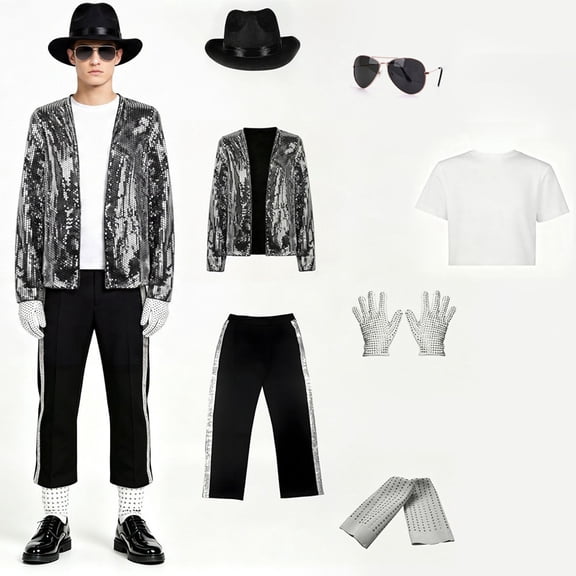 IROOZIGOTO Mens 70s 80s Disco Costume Set Sequin Jacket Side Stripe Pants with Hat Sunglasses Gloves for Halloween Cosplay Party