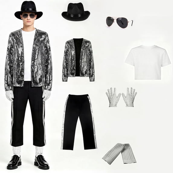 IROOZIGOTO Mens 70s 80s Disco Costume Set Sequin Jacket Side Stripe Pants with Hat Sunglasses Gloves for Halloween Cosplay Party