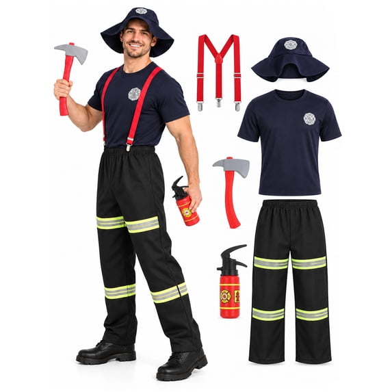 IROOZIGOTO Mens Firefighter Cosplay Costume Set Relaxed Fit Crew Neck Short Sleeve with Hat Props Halloween Role Play Party Outfit