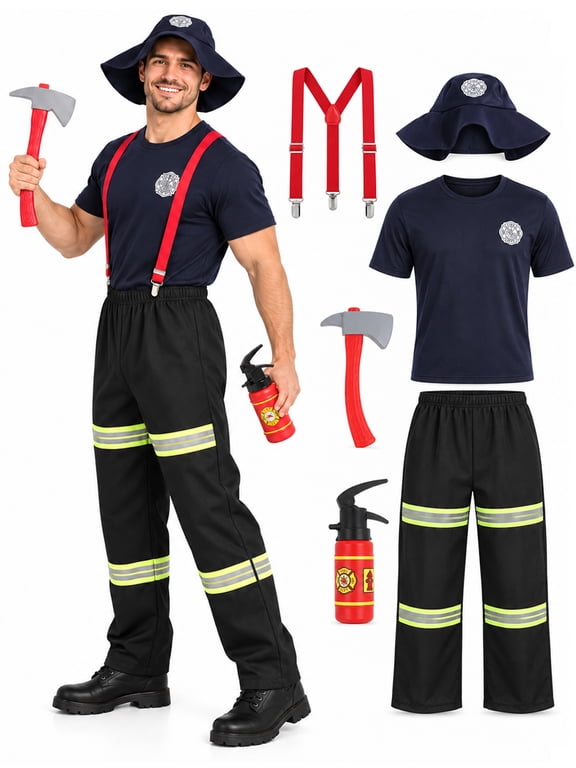 Mens Firefighter Cosplay Costume Set Relaxed Fit Crew Neck Short Sleeve with Hat Props Halloween Role Play Party Outfit