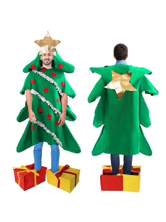 Unisex Adult Christmas Tree Costume One Piece Short Sleeve with Star Topper Festive Cosplay Party Outfit