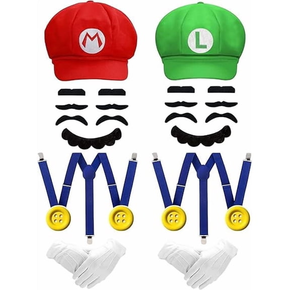 IROOZIGOTO Unisex Costume Accessory Kit Red Hat with Suspenders Mustaches Gloves Buttons for Halloween Cosplay Party