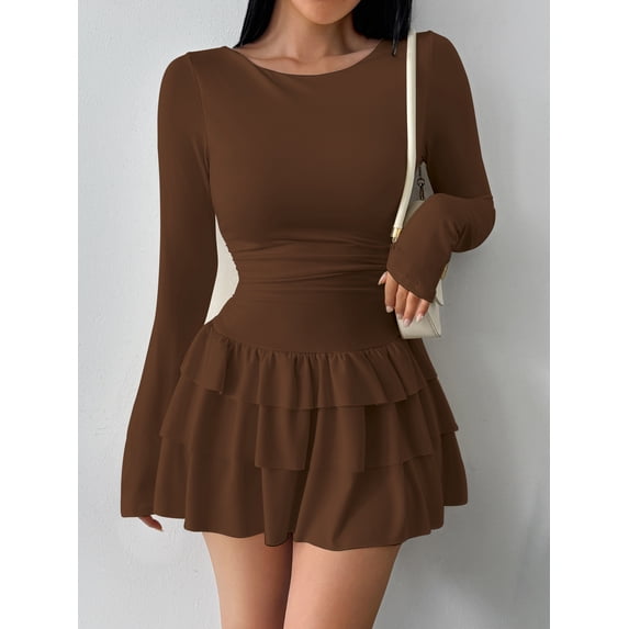 IROOZIGOTO Women's Y2k Mini Dress Long Sleeve Ruched Layered Ruffle Hem CasualGoing Out Dresses